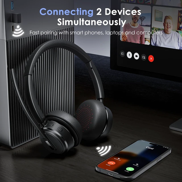 Alt view image 4 of 7 - Wireless Headset with Noise Cancelling Microphone, On-Ear Bluetooth Headset with USB Dongle, Mute Function & Charging Base, Wireless Headphones for Work from Office, PC, Call Center