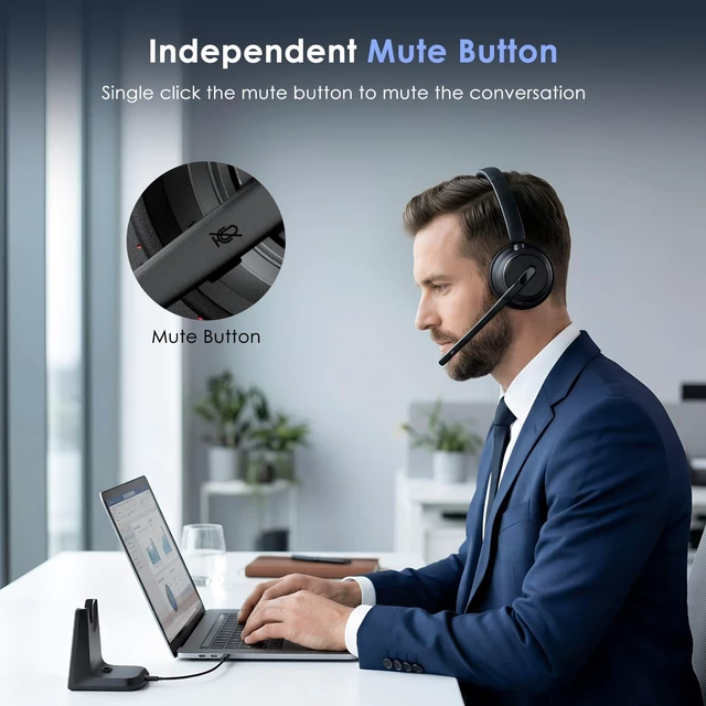 Alt view image 5 of 7 - Wireless Headset with Noise Cancelling Microphone, On-Ear Bluetooth Headset with USB Dongle, Mute Function & Charging Base, Wireless Headphones for Work from Office, PC, Call Center