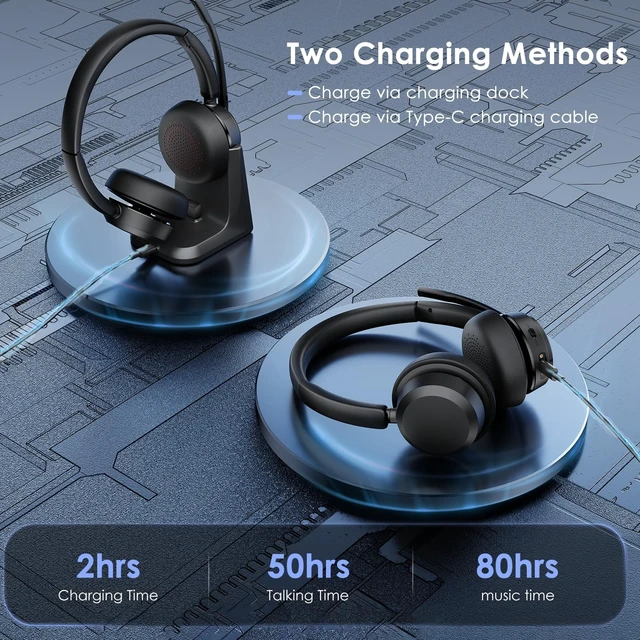 Alt view image 6 of 7 - Wireless Headset with Noise Cancelling Microphone, On-Ear Bluetooth Headset with USB Dongle, Mute Function & Charging Base, Wireless Headphones for Work from Office, PC, Call Center