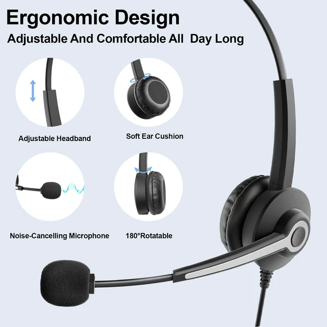 Alt view image 3 of 7 - Phone Headset 2.5mm Jack with Microphone & Volume Control, Noise Cancelling Telephone Headsets for Panasonic Vtech AT&T, Cisco, Polycom, Gigaset Cordless Landline Office PhonesBlack