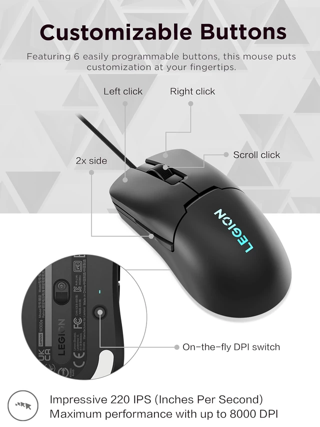 Alt view image 5 of 7 - Legion M300s RGB Wired Gaming Mouse - 8,000 DPI Adjustable Sensor, 6 Programmable Buttons & 20-Million Clicks Durability with Optimized Comfort (Black)