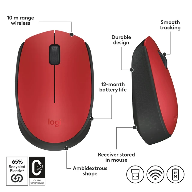Alt view image 7 of 7 - M170 Compact Ambidextrous 2.4 GHz Wireless Mouse - Red | Ambidextrous mouse with 2.4 GHz USB-A Nano Receiver, Optical Tracking, 12-Months Battery Life, PC, Mac, Laptop compatible