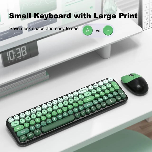Alt view image 2 of 7 - Wireless Keyboard and Mouse Combo, Compact Small Keyboard with Large Print, 2.4GHz Retro Typewriter Keyboard, Quiet Click Mouse for PC, Laptop, Desktop, Windows (Black Green Gradient)