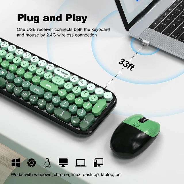 Alt view image 3 of 7 - Wireless Keyboard and Mouse Combo, Compact Small Keyboard with Large Print, 2.4GHz Retro Typewriter Keyboard, Quiet Click Mouse for PC, Laptop, Desktop, Windows (Black Green Gradient)