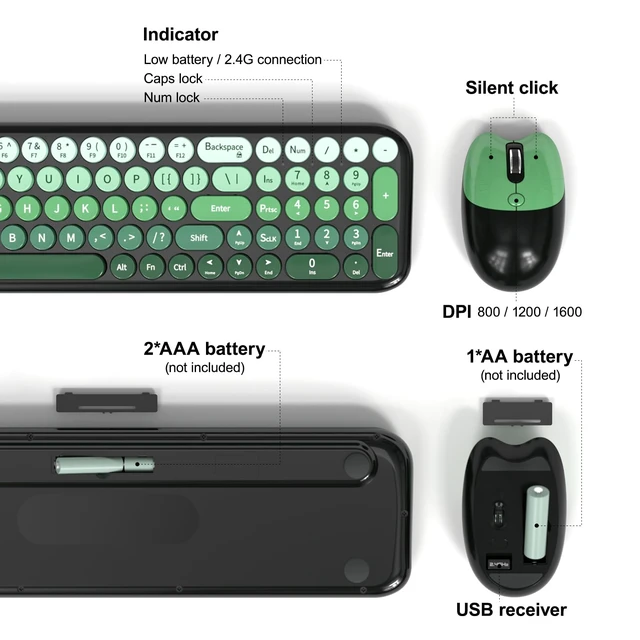 Alt view image 4 of 7 - Wireless Keyboard and Mouse Combo, Compact Small Keyboard with Large Print, 2.4GHz Retro Typewriter Keyboard, Quiet Click Mouse for PC, Laptop, Desktop, Windows (Black Green Gradient)