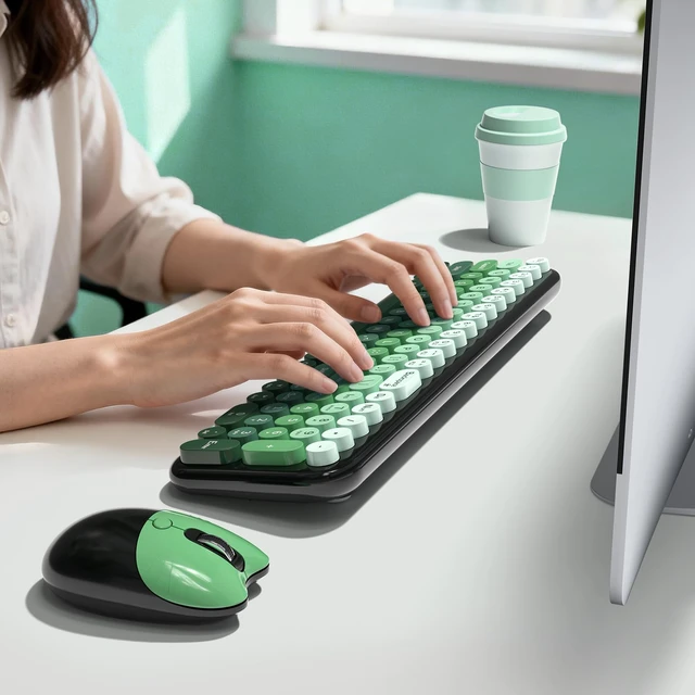 Alt view image 5 of 7 - Wireless Keyboard and Mouse Combo, Compact Small Keyboard with Large Print, 2.4GHz Retro Typewriter Keyboard, Quiet Click Mouse for PC, Laptop, Desktop, Windows (Black Green Gradient)