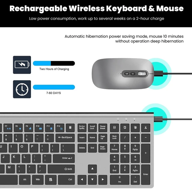 Alt view image 3 of 7 - Rechargeable Full Size Wireless Keyboard and Mouse Combo - Grey | Full size quiet scissor-switch keyboard with number pad, right handed mouse, connect via single included USB-A Nano Receiver