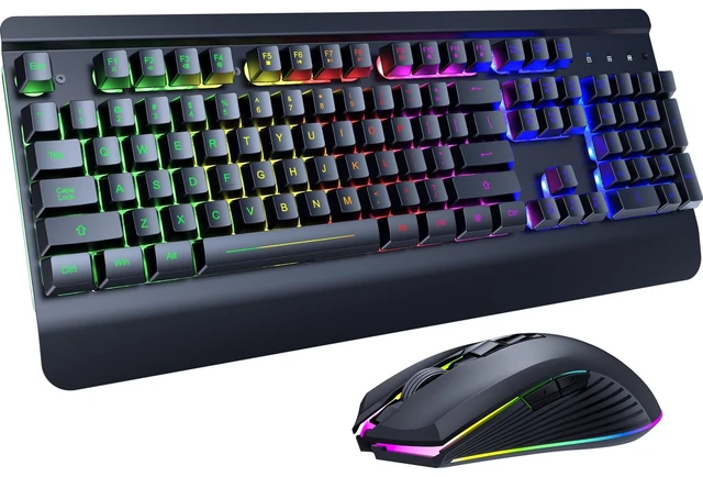 Main image of Gaming Keyboard and Mouse Combo Wireless, Wrist Rest, 3200DPI Mice | 7-Color Light-Up Wireless Gaming Keyboard, Metal Panel, Rechargeable 3200mAh Battery, Sleep Mode, 7D 3200DPI Mouse PC Gamer