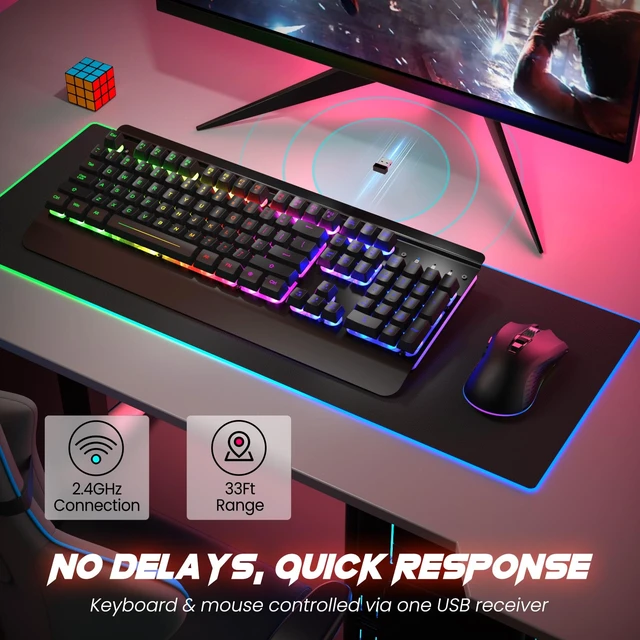 Alt view image 2 of 6 - Gaming Keyboard and Mouse Combo Wireless, Wrist Rest, 3200DPI Mice | 7-Color Light-Up Wireless Gaming Keyboard, Metal Panel, Rechargeable 3200mAh Battery, Sleep Mode, 7D 3200DPI Mouse PC Gamer