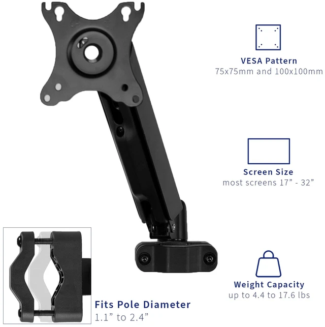 Alt view image 3 of 7 - Black Pole Mounted Monitor Arm, 17-32 in Screens, MOUNT-POLE05A | Universal, Full Motion Articulating Pneumatic Arm, 75mm and 100mm VESA Plate, Fits 1.1-2.4 in Diameter Poles, Holds 17.6 lbs