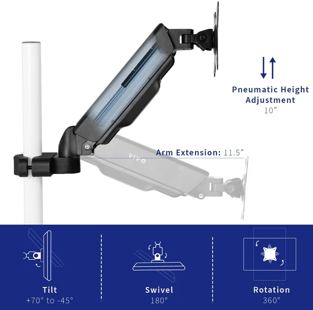 Alt view image 4 of 7 - Black Pole Mounted Monitor Arm, 17-32 in Screens, MOUNT-POLE05A | Universal, Full Motion Articulating Pneumatic Arm, 75mm and 100mm VESA Plate, Fits 1.1-2.4 in Diameter Poles, Holds 17.6 lbs