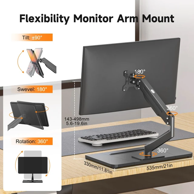 Alt view image 3 of 7 - Single Monitor Mount Gas Spring Arm Mount with Base,Free standing Pneumatic Height Adjustable Monitor Desk Stand for 17 to 35 inch,Holds up to 24.25lbs,Black(ML8XC)