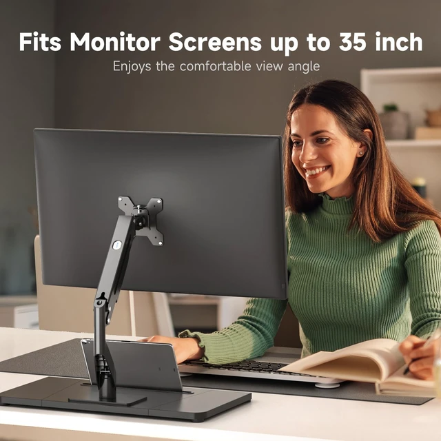 Alt view image 4 of 7 - Single Monitor Mount Gas Spring Arm Mount with Base,Free standing Pneumatic Height Adjustable Monitor Desk Stand for 17 to 35 inch,Holds up to 24.25lbs,Black(ML8XC)