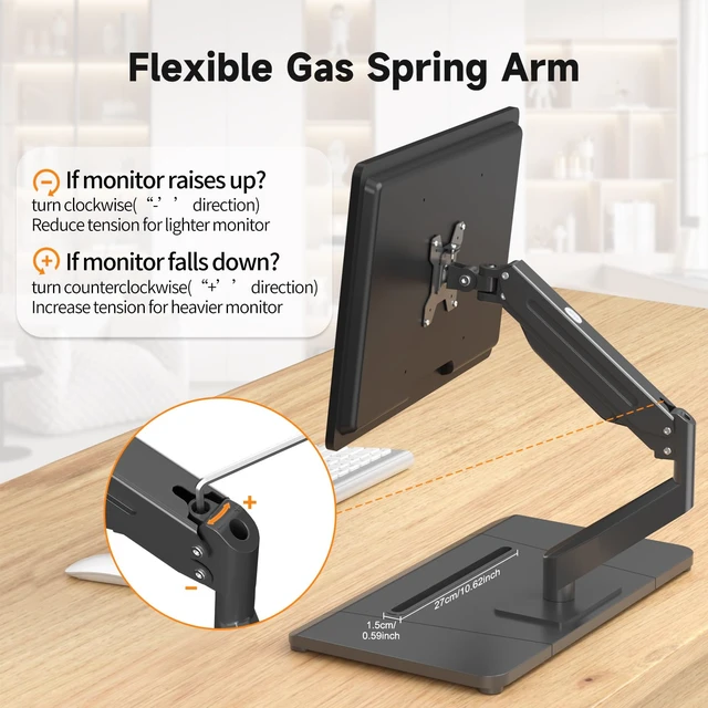 Alt view image 7 of 7 - Single Monitor Mount Gas Spring Arm Mount with Base,Free standing Pneumatic Height Adjustable Monitor Desk Stand for 17 to 35 inch,Holds up to 24.25lbs,Black(ML8XC)