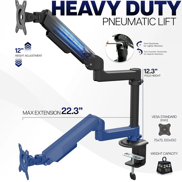 Alt view image 3 of 7 - Heavy Duty Articulating Single Pneumatic Spring Arm Desk Mount Stand, Fits 17 to 40 inch Standard Screens or Ultrawides up to 26.4 lbs with Maximum VESA 100x100mm, STAND-V101H