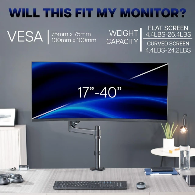 Alt view image 7 of 7 - Heavy Duty Articulating Single Pneumatic Spring Arm Desk Mount Stand, Fits 17 to 40 inch Standard Screens or Ultrawides up to 26.4 lbs with Maximum VESA 100x100mm, STAND-V101H