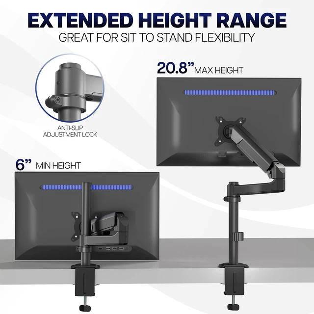 Alt view image 4 of 7 - Heavy Duty Articulating Single Pneumatic Spring Arm Desk Mount Stand, Fits 17 to 40 inch Standard Screens or Ultrawides up to 26.4 lbs with Maximum VESA 100x100mm, STAND-V101H