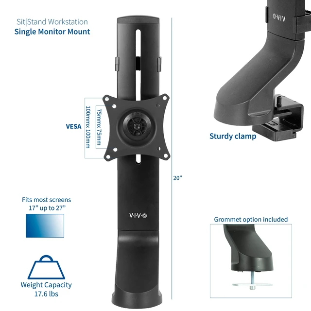 Alt view image 2 of 7 - Adjustable Single Monitor Mount for Sit-Stand Workstation, Desk Converter, Monitor Arm Fits 1 Screen up to 32 inches, STAND-V001U