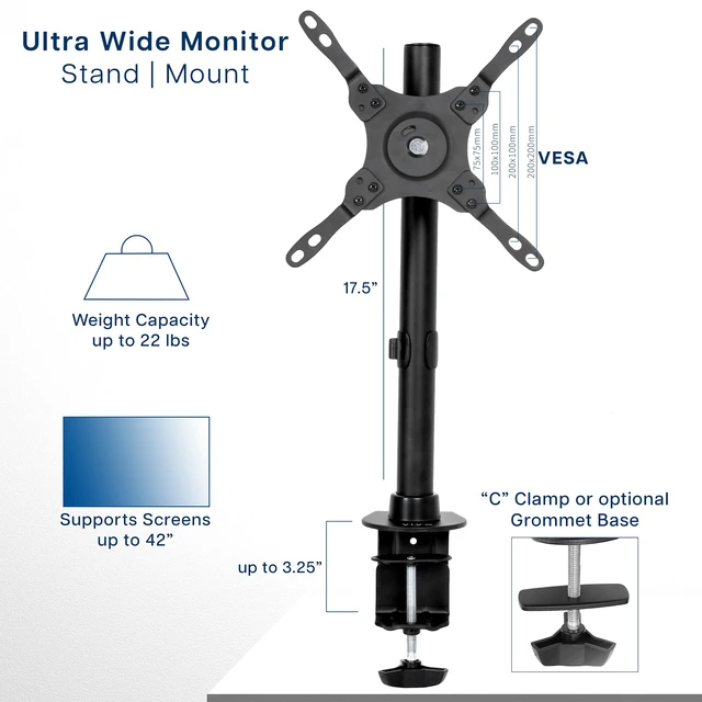 Alt view image 3 of 7 - Ultra Wide Screen TV and Monitor Desk Mount, Adjustable Height and Tilt Stand for Screens up to 42 inches, Black, STAND-V101C
