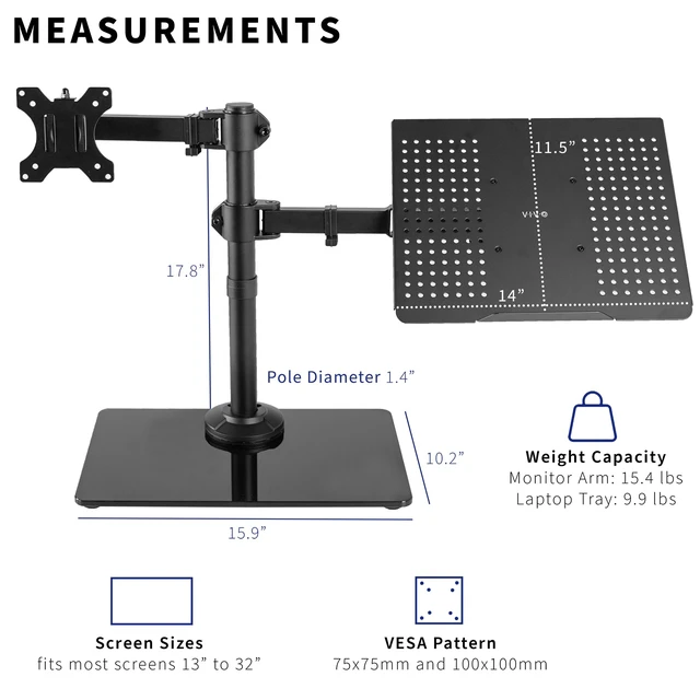Alt view image 4 of 7 - Free Standing Single Computer Monitor and Laptop Combo Desk Stand with Sleek Glass Base, Fits up to 32 inch Monitors and 17 inch Laptops, Black, STAND-V002FGL