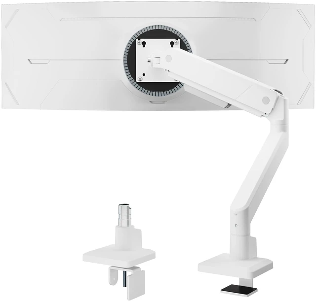 Main image of Single Monitor Arm for Max 45 Inch Ultrawide Screens, Holds 35 Lbs | Adjustable Monitor Desk Mount with C Clamp/Grommet Desk Mount, Cable Management, VESA 75/100mm, White