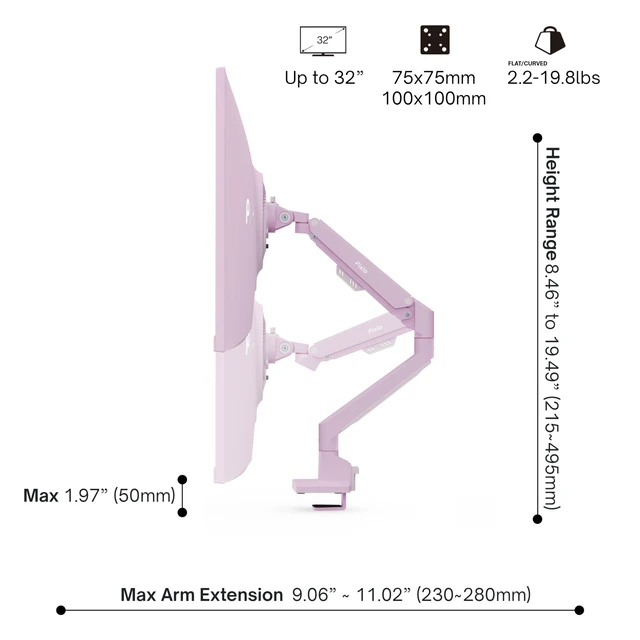 Alt view image 4 of 7 - PS1S Wave Pink Single Monitor Arm Stand Desk Mount - Fits up to 32 inches Monitors and up to 19.8lbs. VESA Compatibility and Integrated Cable Management