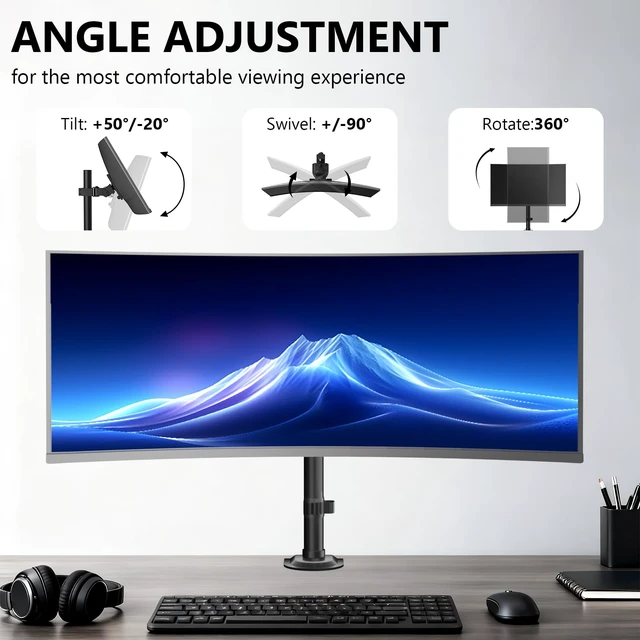 Alt view image 2 of 7 - Heavy Duty Single Monitor Arm Desk Mount for 13-49 Inch Screens, Ultrawide Monitor Stand with Full Motion Tilt, Swivel, Rotation, Holds up to 44 lbs, C-Clamp Mount for VESA 75/100mm,(M001S)