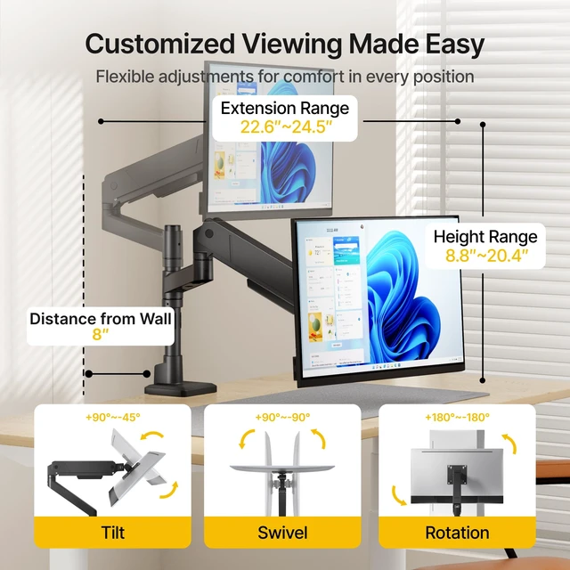 Alt view image 2 of 7 - Tall Single Monitor Arm for 17 to 45 Inch Screen, Holds 35 Lbs | Adjustable Upgraded Heavy Duty Ultrawide Monitor Arm with C Clamp, Grommet Base, Cable Management, VESA 75/100mm