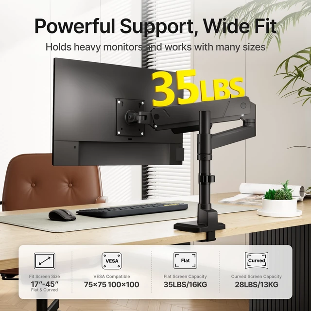 Alt view image 3 of 7 - Tall Single Monitor Arm for 17 to 45 Inch Screen, Holds 35 Lbs | Adjustable Upgraded Heavy Duty Ultrawide Monitor Arm with C Clamp, Grommet Base, Cable Management, VESA 75/100mm