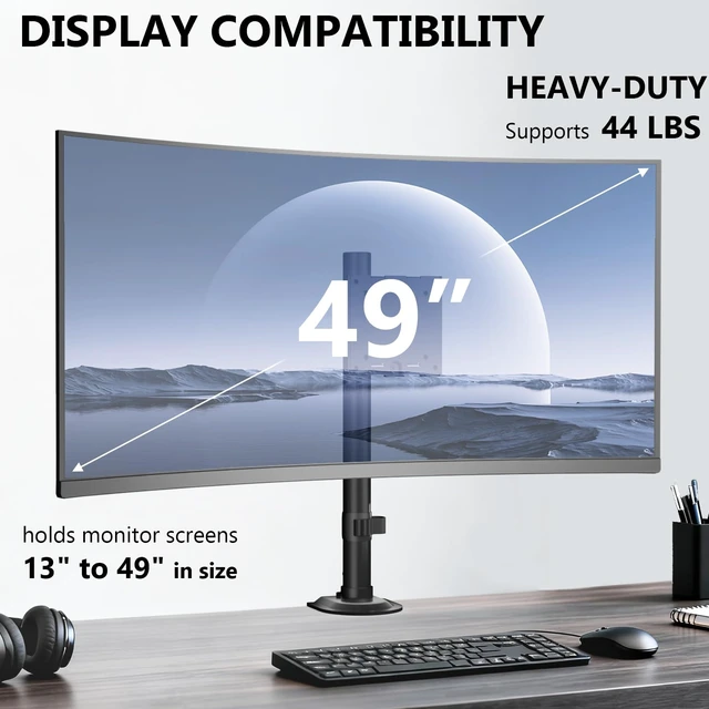 Alt view image 3 of 7 - Heavy Duty Single Monitor Arm Desk Mount for 13-49 Inch Screens, Ultrawide Monitor Stand with Full Motion Tilt, Swivel, Rotation, Holds up to 44 lbs, C-Clamp Mount for VESA 75/100mm,(M001S)