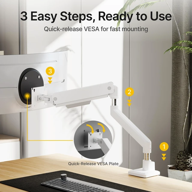 Alt view image 4 of 7 - Single Monitor Arm for Max 45 Inch Ultrawide Screens, Holds 35 Lbs | Adjustable Monitor Desk Mount with C Clamp/Grommet Desk Mount, Cable Management, VESA 75/100mm, White