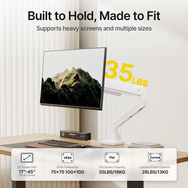 Alt view image 3 of 7 - Single Monitor Arm for Max 45 Inch Ultrawide Screens, Holds 35 Lbs | Adjustable Monitor Desk Mount with C Clamp/Grommet Desk Mount, Cable Management, VESA 75/100mm, White