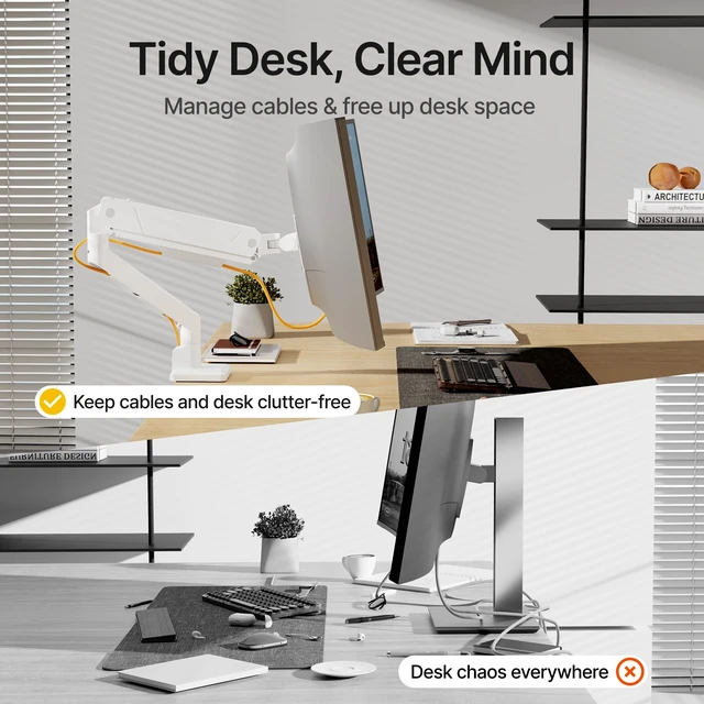 Alt view image 5 of 7 - Single Monitor Arm for Max 45 Inch Ultrawide Screens, Holds 35 Lbs | Adjustable Monitor Desk Mount with C Clamp/Grommet Desk Mount, Cable Management, VESA 75/100mm, White