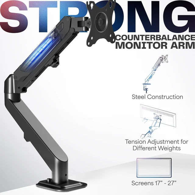 Alt view image 3 of 7 - Heavy Duty Single Monitor Tension Arm for up to 27 inch Screens, Holds 14.3 lbs, Premium Desk Mount Stand, Black, STAND-V101O