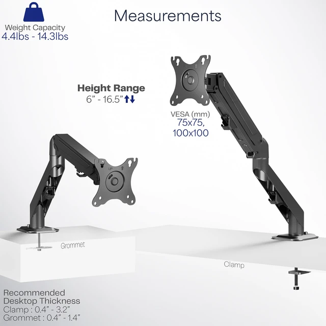 Alt view image 4 of 7 - Heavy Duty Single Monitor Tension Arm for up to 27 inch Screens, Holds 14.3 lbs, Premium Desk Mount Stand, Black, STAND-V101O