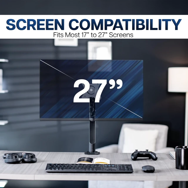 Alt view image 7 of 7 - Heavy Duty Single Monitor Tension Arm for up to 27 inch Screens, Holds 14.3 lbs, Premium Desk Mount Stand, Black, STAND-V101O
