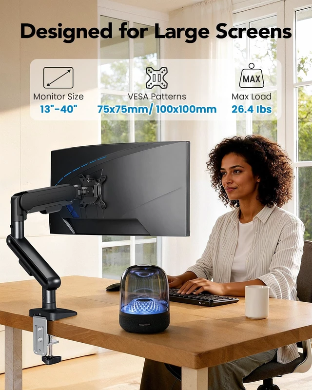 Alt view image 2 of 7 - Ultrawide Monitor Arm for 13 40" Screens, Single Monitor Mount Holds up to 26.4lbs, Adjustable Monitor Stand with C-Clamp & Grommet Base, VESA Mount 75x75mm/100x100mm