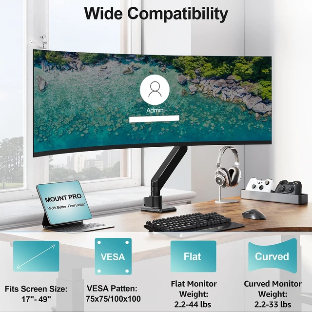 Alt view image 2 of 7 - Heavy Duty Monitor Arm for 49 inch Ultrawide Screen up to 44 lbs, Single Desk Computer Mount Curved Monitor Stand for Samsung Odyssey G9, Adjustable Gas Spring VESA Mount 75x75 100x100