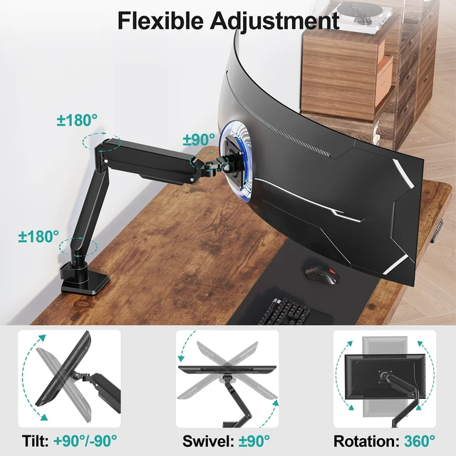 Alt view image 3 of 7 - Heavy Duty Monitor Arm for 49 inch Ultrawide Screen up to 44 lbs, Single Desk Computer Mount Curved Monitor Stand for Samsung Odyssey G9, Adjustable Gas Spring VESA Mount 75x75 100x100