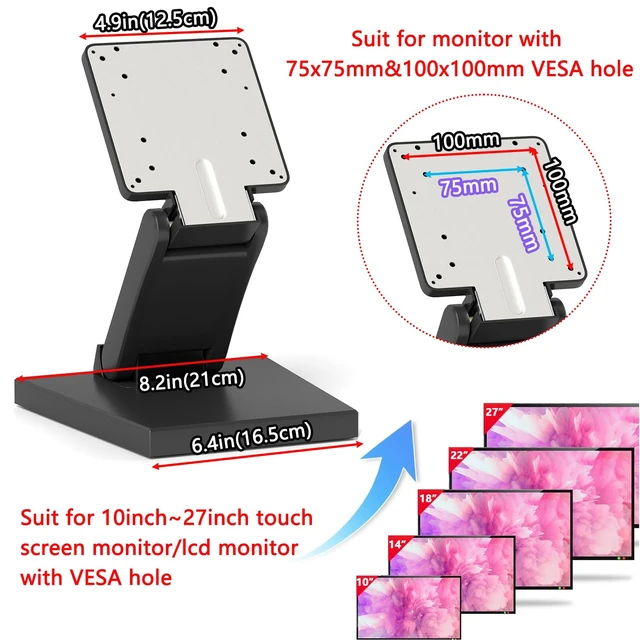 Alt view image 2 of 7 - Adjustable Metal Folding Monitor Bracket for Touch Screen with VESA Hole | Desk Mount 75x75mm&100x100mm VESA Hole All in Single PC Stand Foldable(Black)