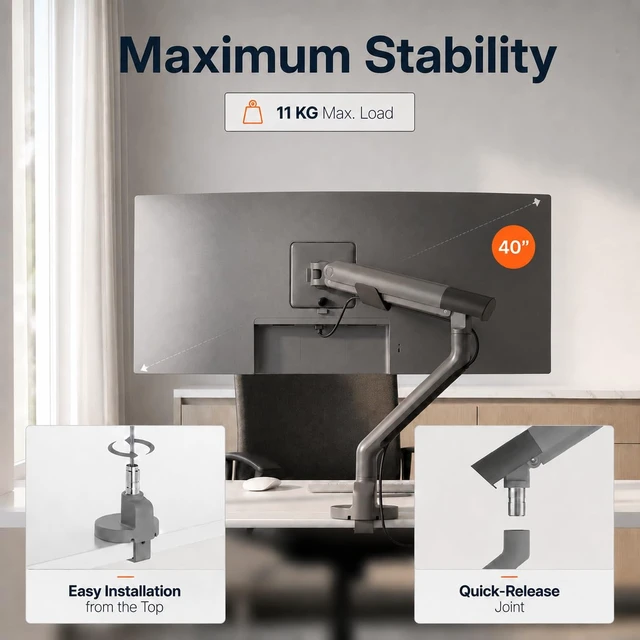 Alt view image 2 of 7 - Flexi Pro Monitor Arm Monitor Mount for Desks (up to 40" & 11 kg) Curved, Heavy Duty, Spring-Assisted, Height-Adjustable & Fully Articulated VESA 75/100, Slim Aluminum Design Space Grey