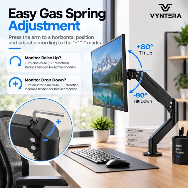Alt view image 2 of 7 - Single Monitor Arm Table Mount, Gas Spring Monitor Stand for 1735" Monitors, 24.25 lbs Heavy Duty Monitor Mount, Full Motion ±80° Tilt & 360° Rotation, VESA 75x75 & 100x100, Clamp & Grommet