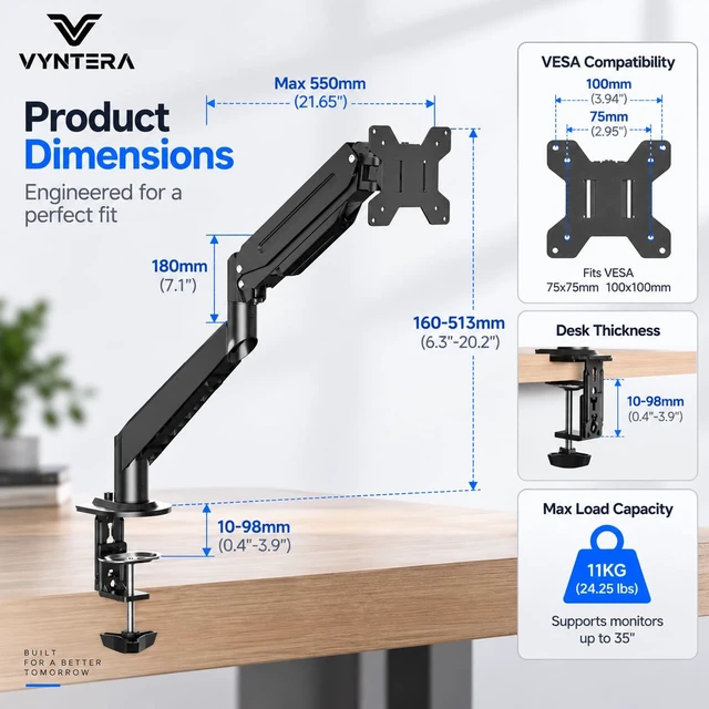 Alt view image 3 of 7 - Single Monitor Arm Table Mount, Gas Spring Monitor Stand for 1735" Monitors, 24.25 lbs Heavy Duty Monitor Mount, Full Motion ±80° Tilt & 360° Rotation, VESA 75x75 & 100x100, Clamp & Grommet
