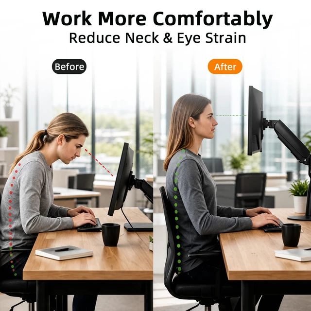 Alt view image 6 of 7 - Heavy Duty Single Monitor Arm Desk Mount Gas Spring for 17-32 Inch Screens | Full Motion Adjustable Monitor Mount with VESA Compatibility, C Clamp and Grommet Base, Supports up to 19.8 lbs