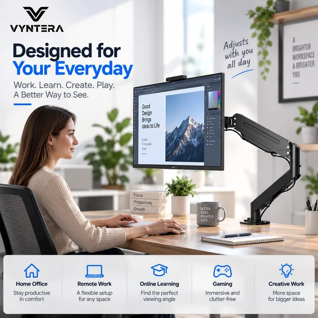 Alt view image 4 of 7 - Single Monitor Arm Table Mount, Gas Spring Monitor Stand for 1735" Monitors, 24.25 lbs Heavy Duty Monitor Mount, Full Motion ±80° Tilt & 360° Rotation, VESA 75x75 & 100x100, Clamp & Grommet