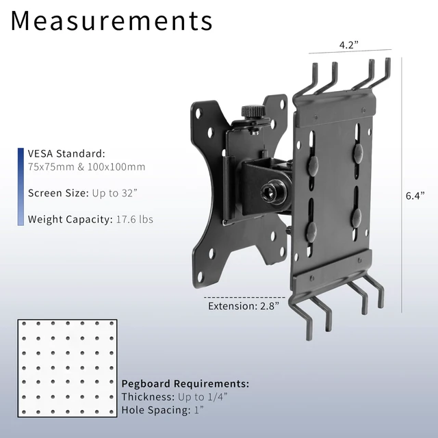 Alt view image 3 of 7 - Black Single Monitor Pegboard Mount, Up to 32 in Screens, Mount-PB1 | Articulating Bracket, Solid Steel, Fits Peg Boards up to 0.25 in Thick with 1 in Hole Spacing, Holds 17.6 lbs