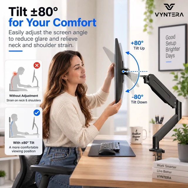 Alt view image 7 of 7 - Single Monitor Arm Table Mount, Gas Spring Monitor Stand for 1735" Monitors, 24.25 lbs Heavy Duty Monitor Mount, Full Motion ±80° Tilt & 360° Rotation, VESA 75x75 & 100x100, Clamp & Grommet