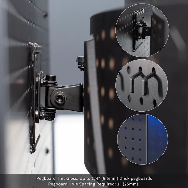 Alt view image 4 of 7 - Black Single Monitor Pegboard Mount, Up to 32 in Screens, Mount-PB1 | Articulating Bracket, Solid Steel, Fits Peg Boards up to 0.25 in Thick with 1 in Hole Spacing, Holds 17.6 lbs