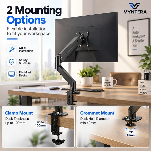 Alt view image 5 of 7 - Single Monitor Arm Table Mount, Gas Spring Monitor Stand for 1735" Monitors, 24.25 lbs Heavy Duty Monitor Mount, Full Motion ±80° Tilt & 360° Rotation, VESA 75x75 & 100x100, Clamp & Grommet