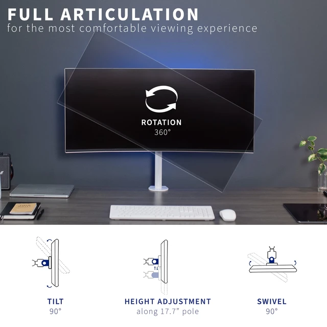 Alt view image 5 of 7 - Single 13 to 38 inch LCD Monitor Heavy Duty Desk Mount Stand, Holds 1 Standard to Ultrawide Screen up to 38 inches, White, STAND-V001CW